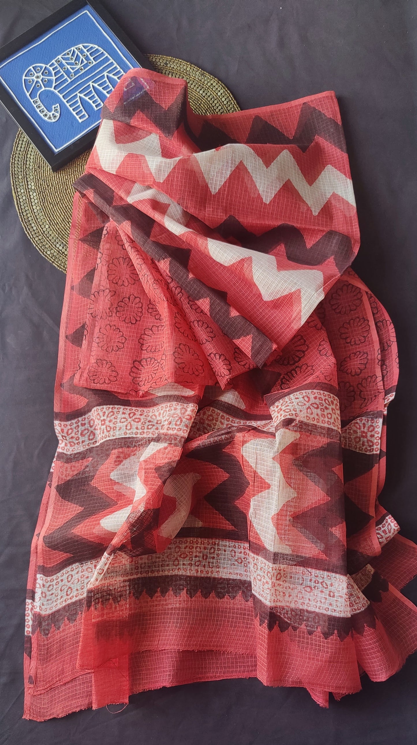 Red Zig Zag Print Akola Hand Block Kota Cotton Dupatta