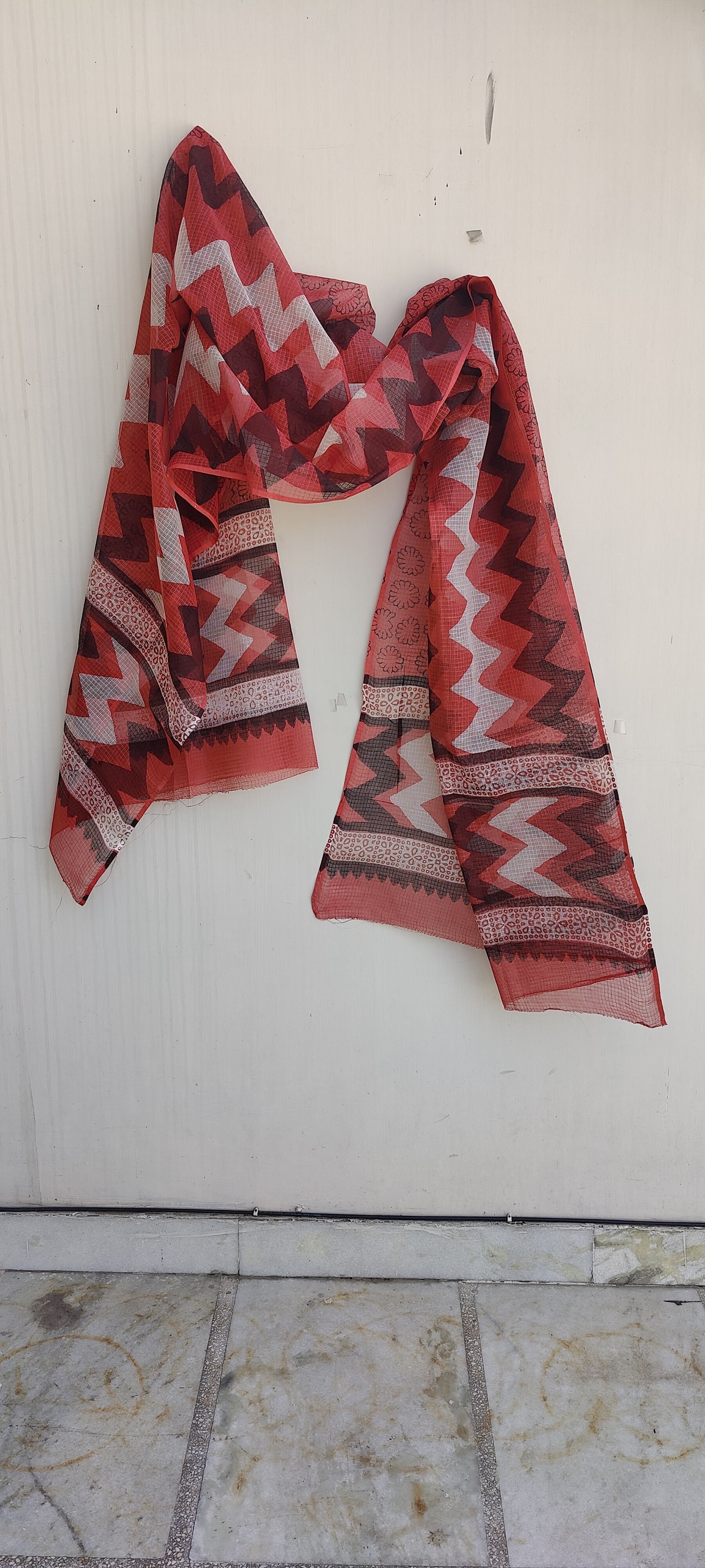 Red Zig Zag Print Akola Hand Block Kota Cotton Dupatta