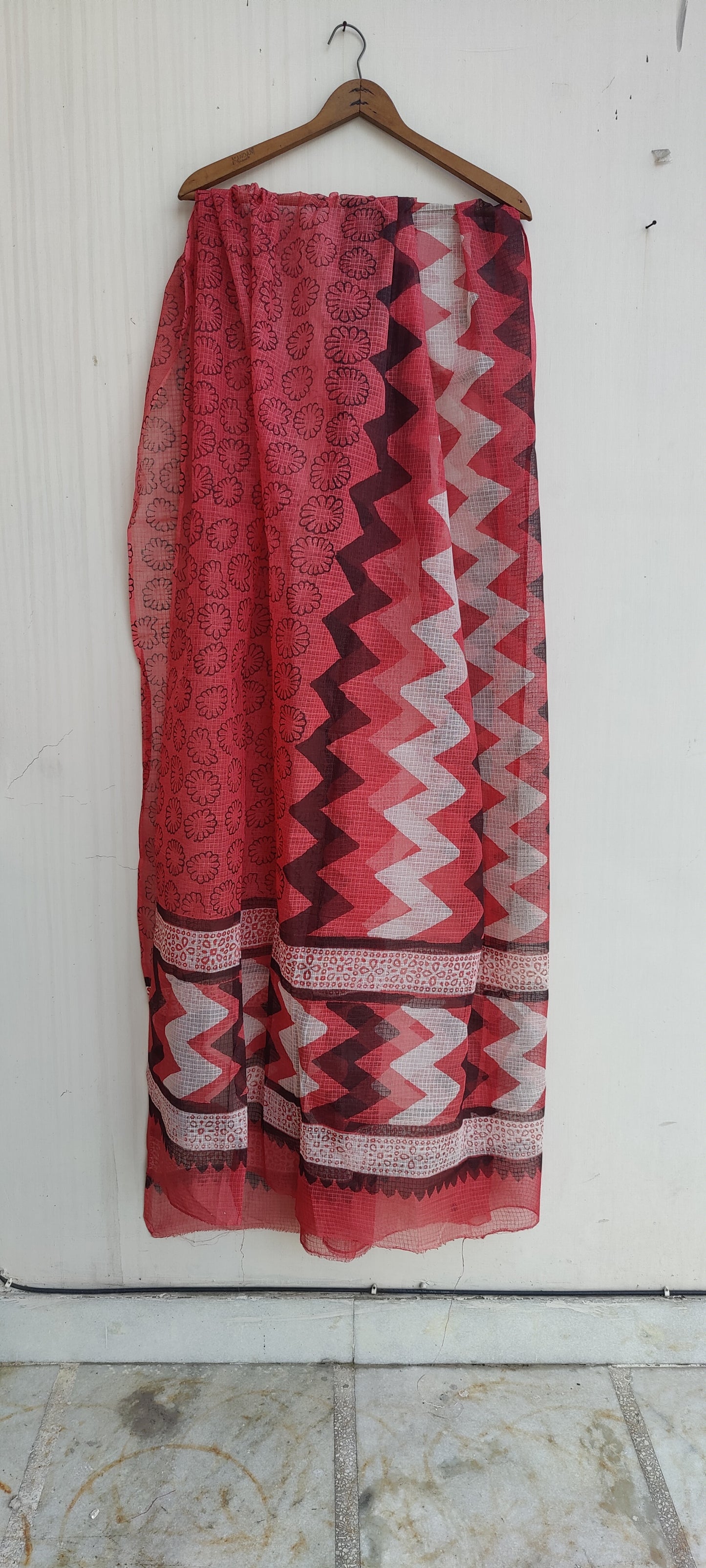 Red Zig Zag Print Akola Hand Block Kota Cotton Dupatta