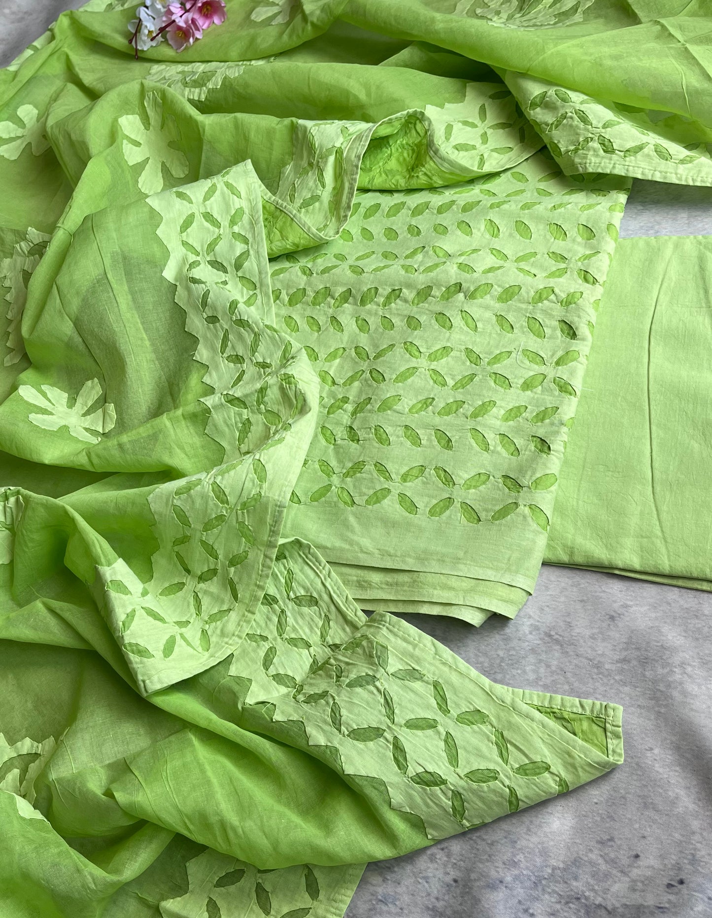 Chatreuse Green Barmer Applique Cut Work Cotton 3pc Suit Material Set