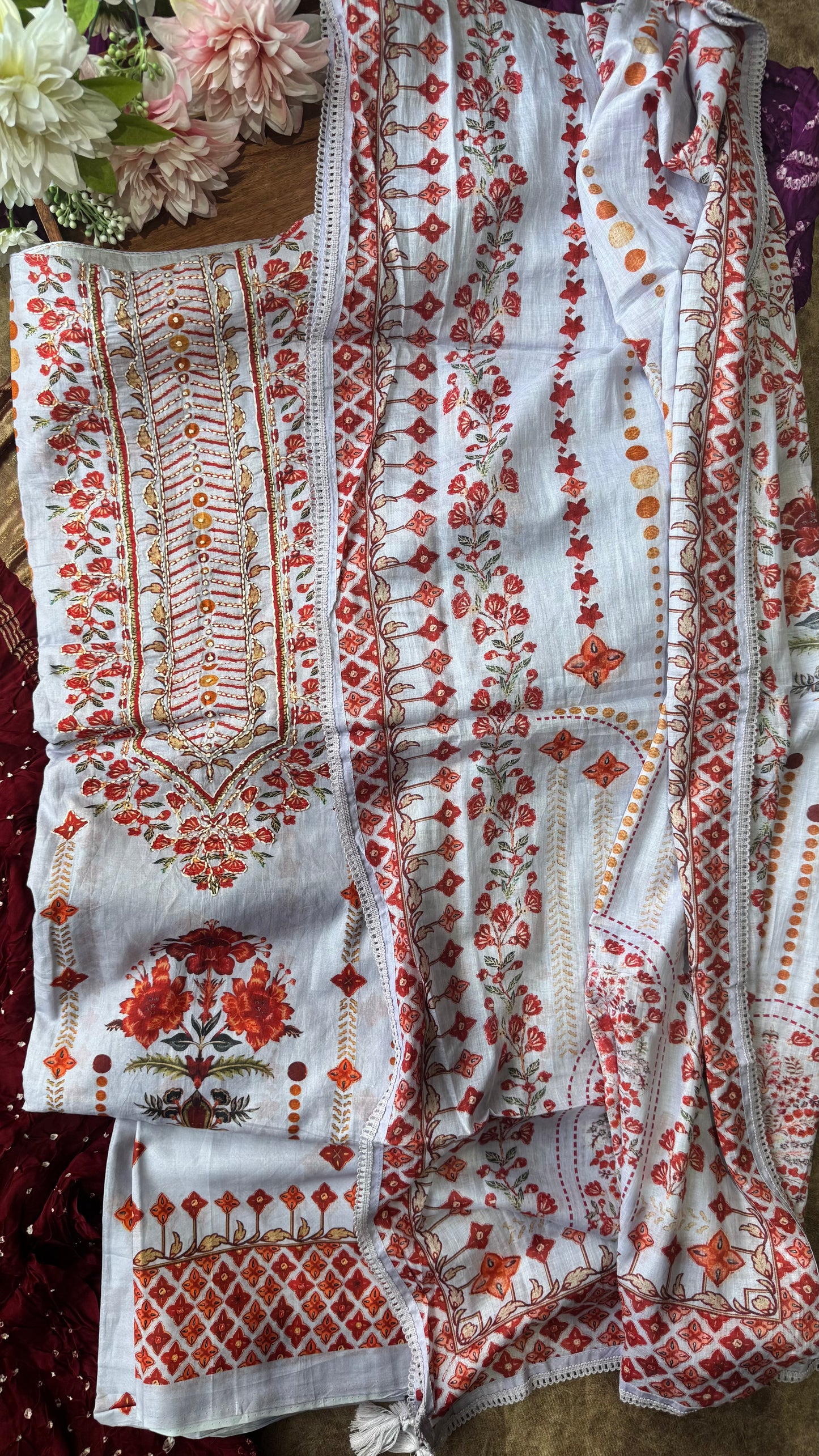 Light Blue Grey Kadhi Cotton with Thread and Moti Work-3Pc