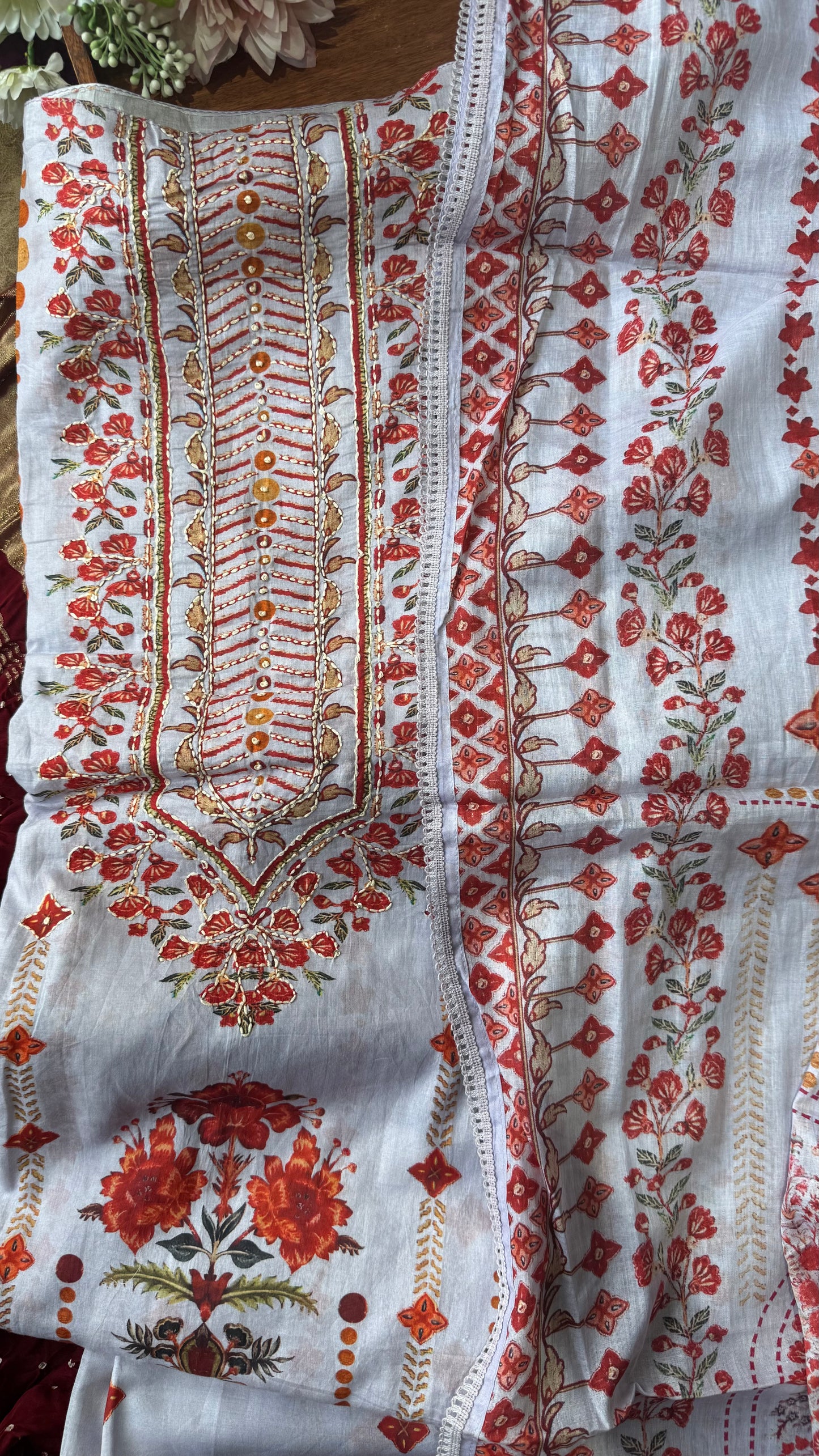 Light Blue Grey Kadhi Cotton with Thread and Moti Work-3Pc