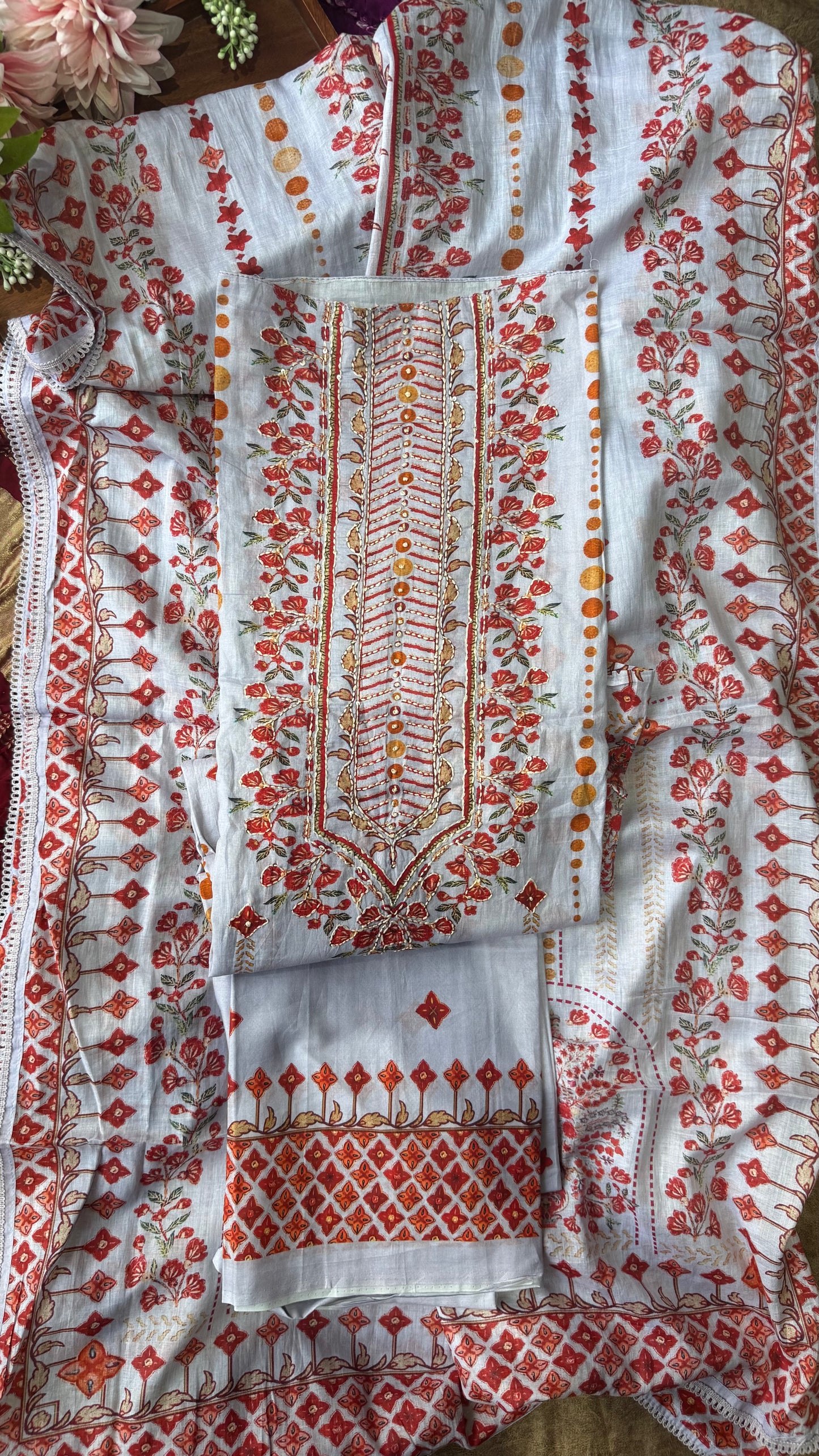 Light Blue Grey Kadhi Cotton with Thread and Moti Work-3Pc