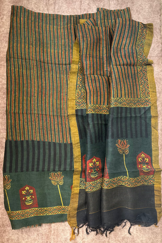 Mustard Green Straight Strips Kamal Buta Pure Ajrakh Linen 2 pc Suit Material