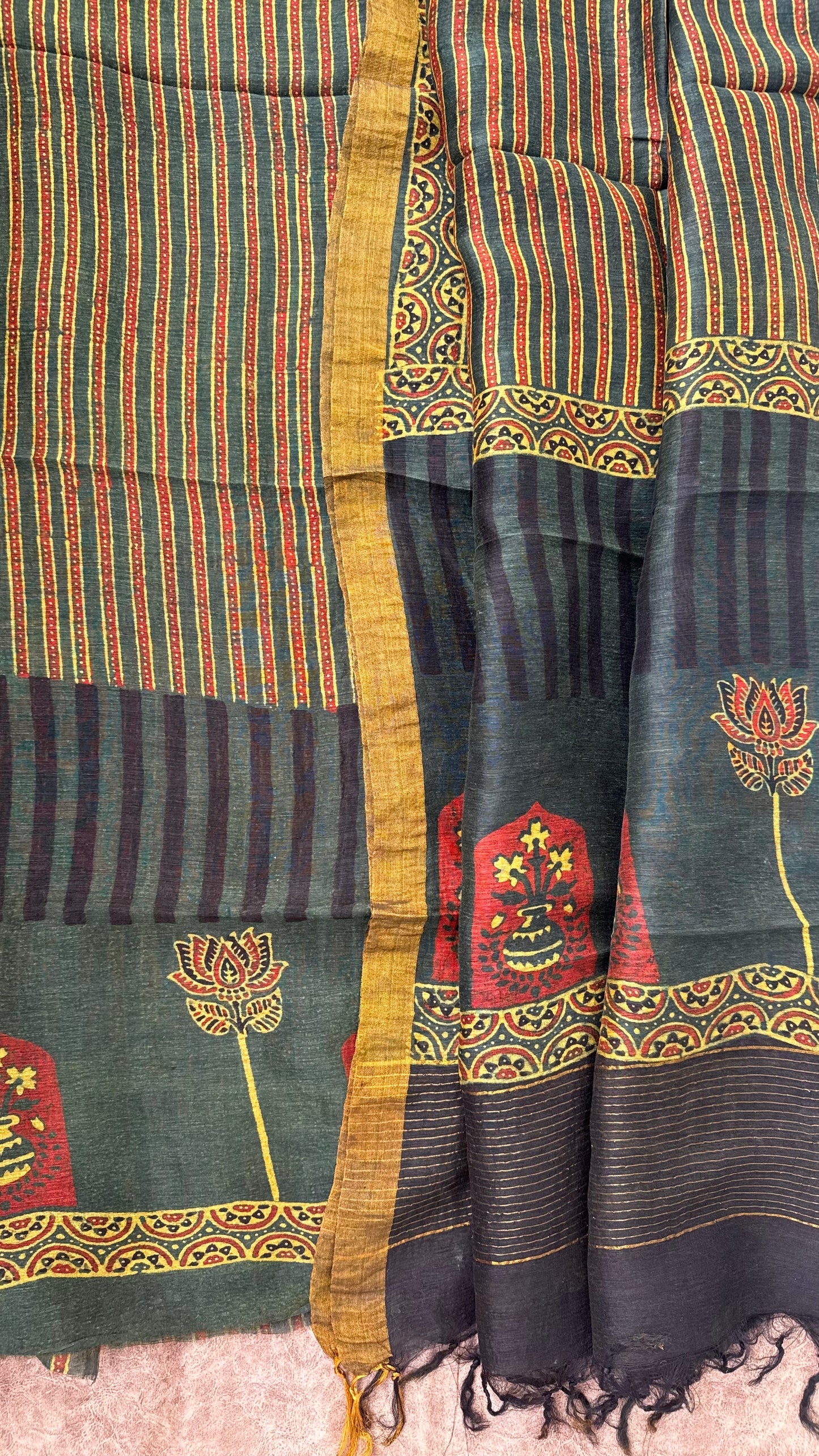 Mustard Green Straight Strips Kamal Buta Pure Ajrakh Linen 2 pc Suit Material