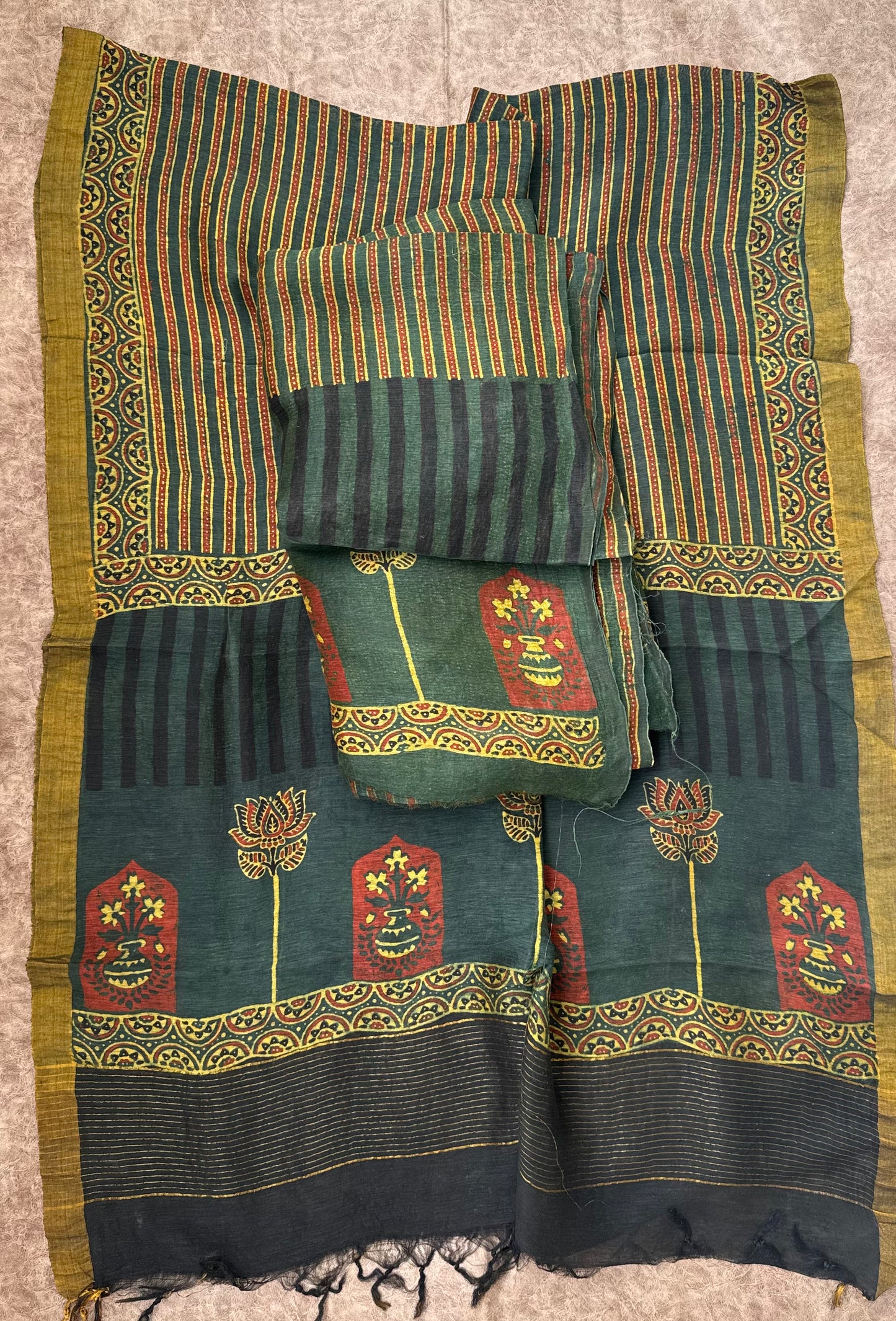 Mustard Green Straight Strips Kamal Buta Pure Ajrakh Linen 2 pc Suit Material