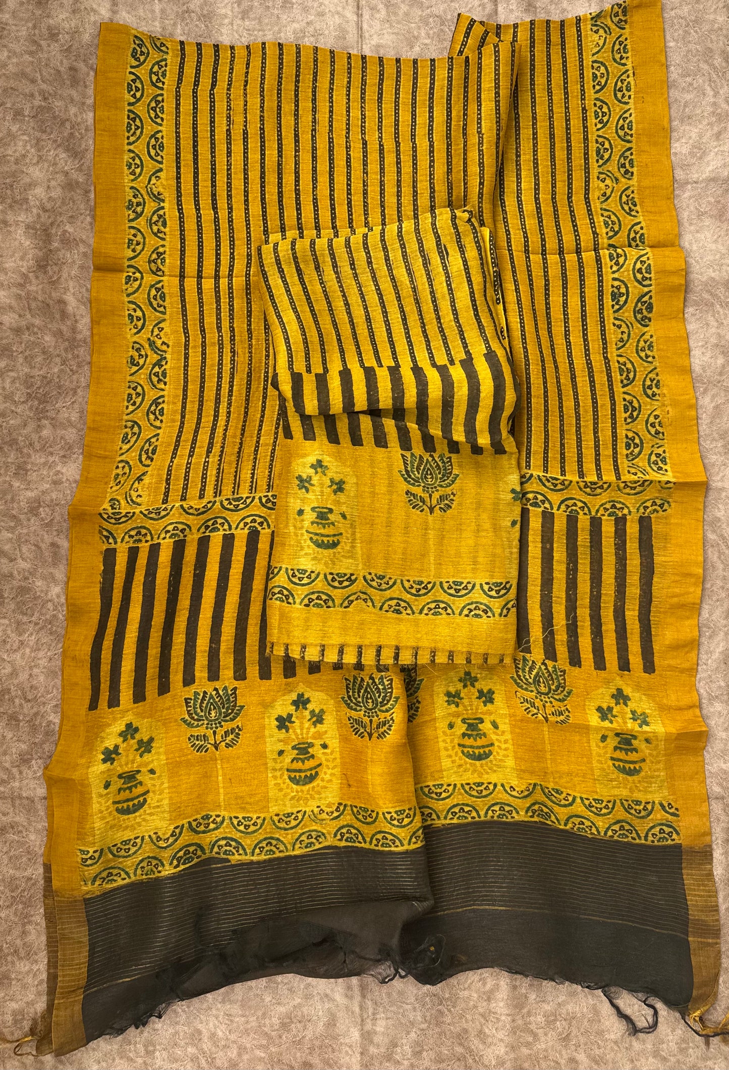 Haldi Mustard Straight Strips Kamal Buta Pure Ajrakh Linen 2 pc Suit Material