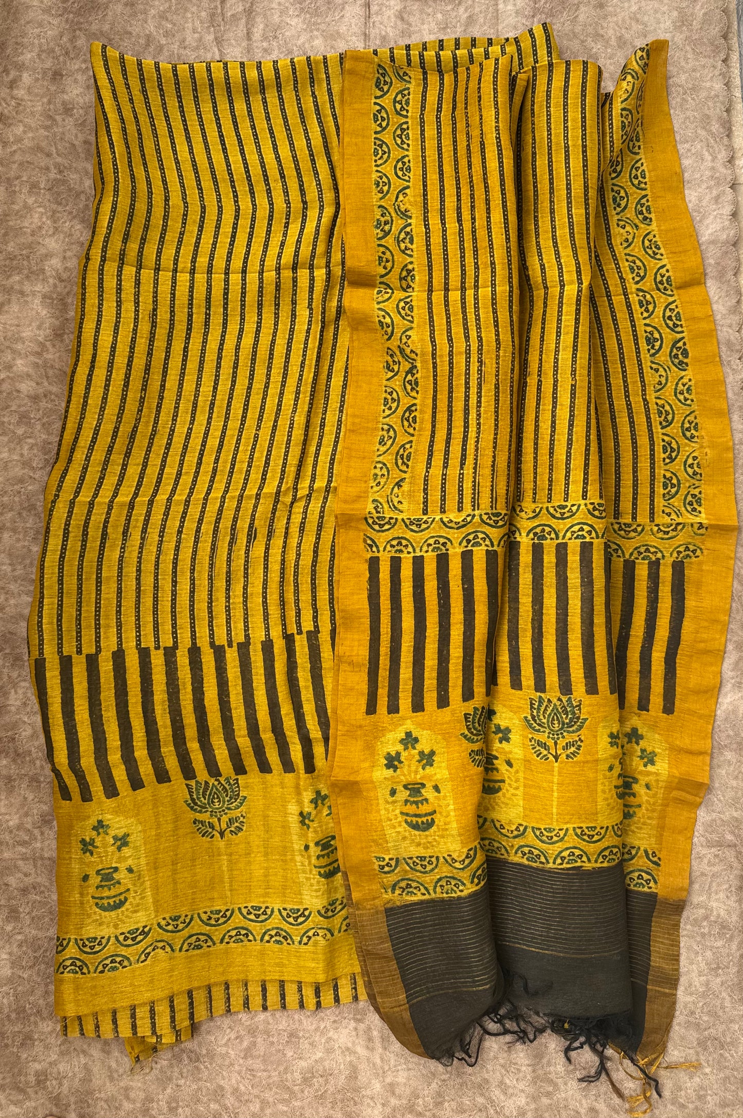 Haldi Mustard Straight Strips Kamal Buta Pure Ajrakh Linen 2 pc Suit Material