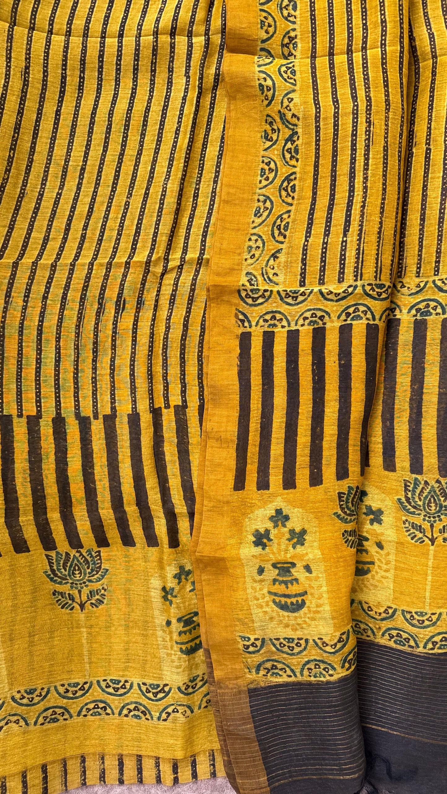 Haldi Mustard Straight Strips Kamal Buta Pure Ajrakh Linen 2 pc Suit Material