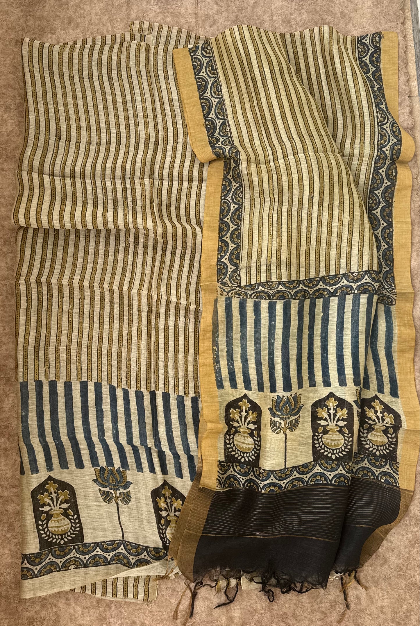OffWhite Straight Strips Kamal Buta Pure Ajrakh Linen 2 pc Suit Material