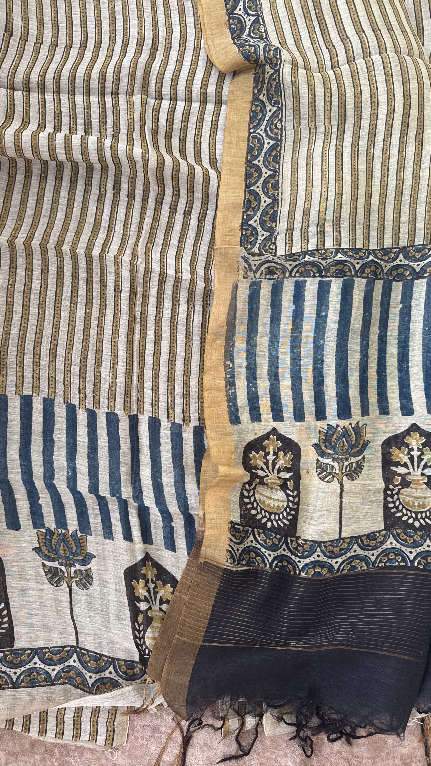 OffWhite Straight Strips Kamal Buta Pure Ajrakh Linen 2 pc Suit Material