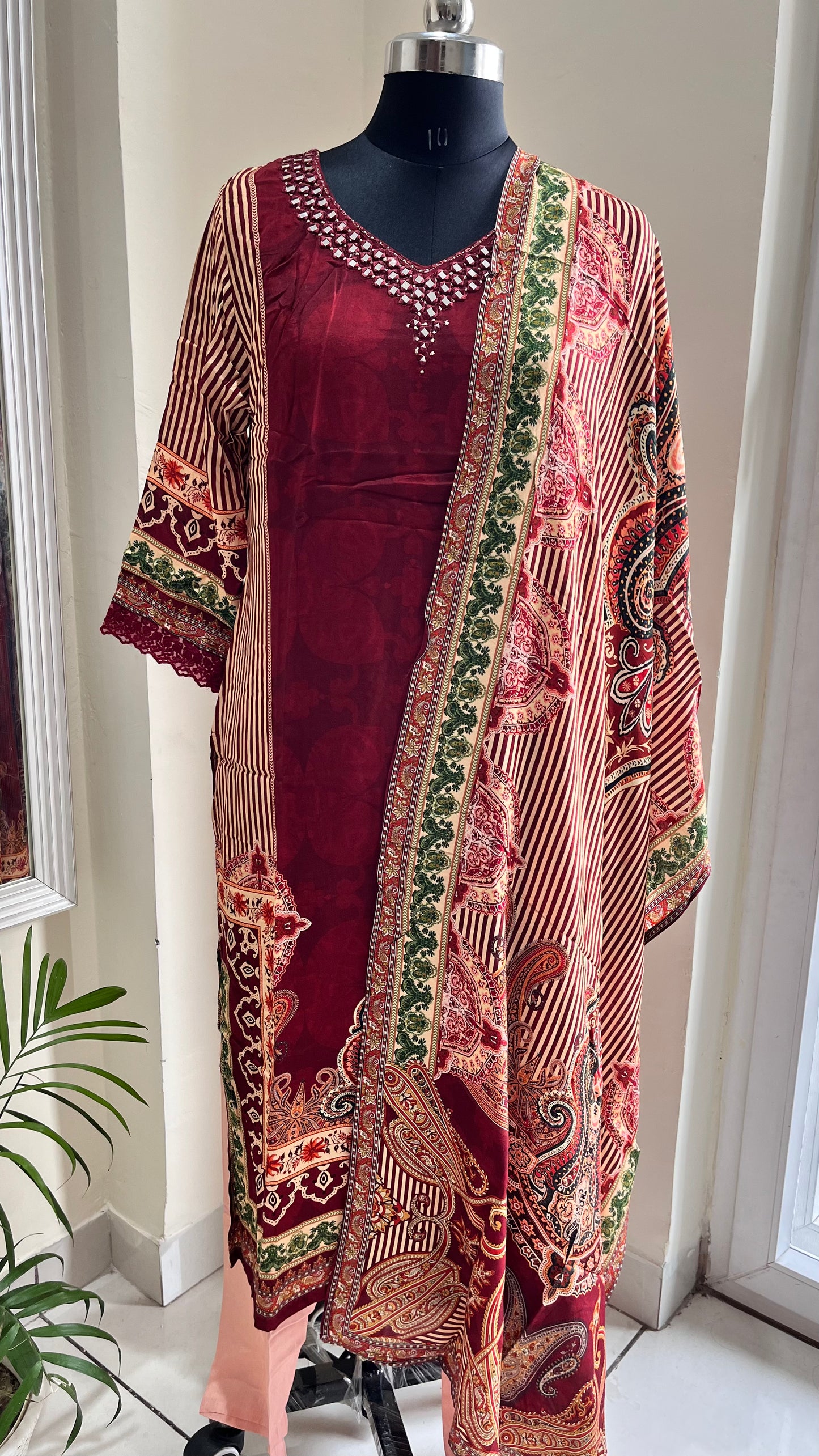 Deep Red Floral Print Muslin Suit Set with Inner Lining