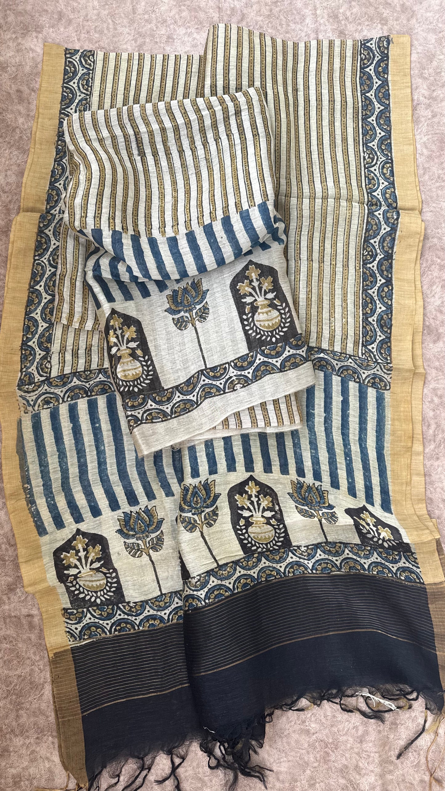 OffWhite Straight Strips Kamal Buta Pure Ajrakh Linen 2 pc Suit Material