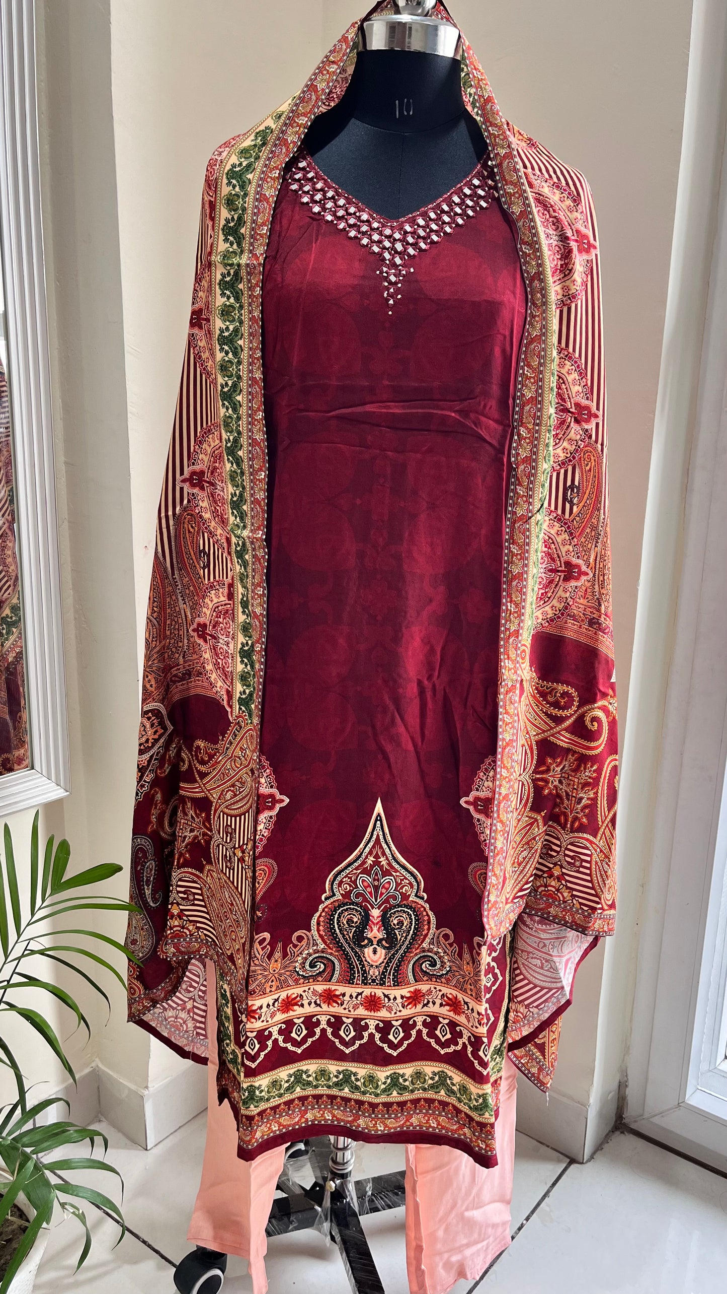 Deep Red Floral Print Muslin Suit Set with Inner Lining