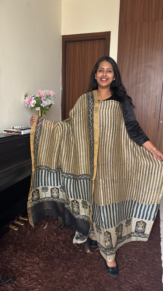 OffWhite Straight Strips Kamal Buta Pure Ajrakh Silk Linen 2 pc Suit Material