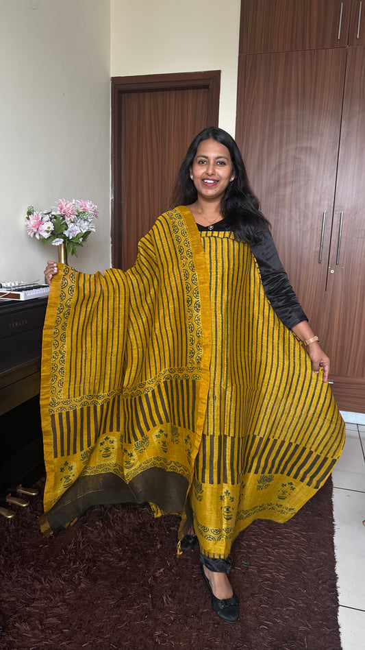 Haldi Mustard Straight Strips Kamal Buta Pure Ajrakh SIlk Linen 2 pc Suit Material