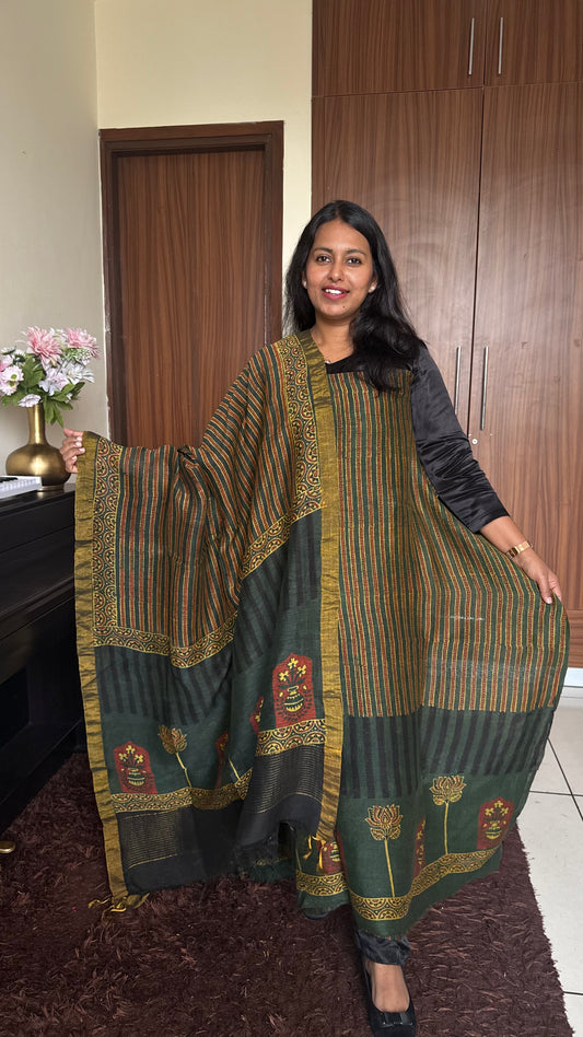 Mustard Green Straight Strips Kamal Buta Pure Ajrakh Silk Linen 2 pc Suit Material