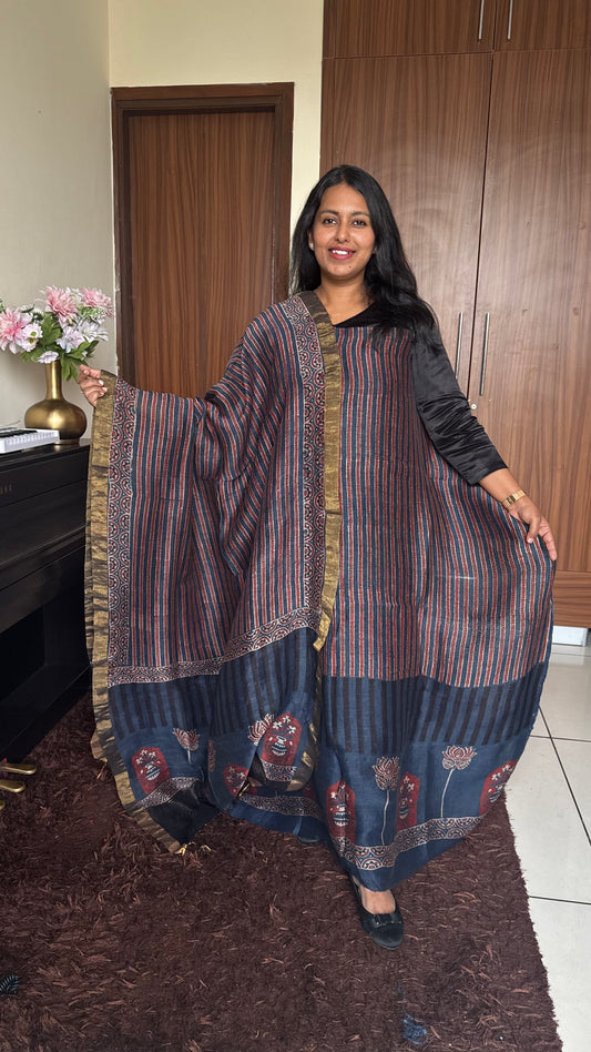 Navy Blue Straight Strips Kamal Buta Pure Ajrakh Silk Linen 2 pc Suit Material