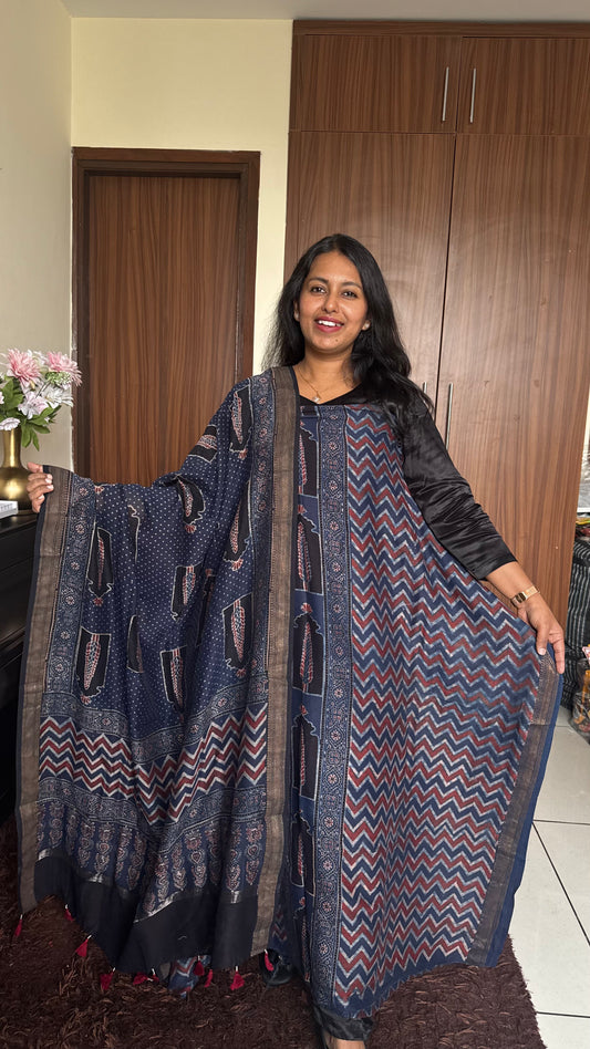 Blue Jharokha Zig Zag Ajrakh HandBlocked Maheshwari Silk Cotton 2 Piece Suit Set