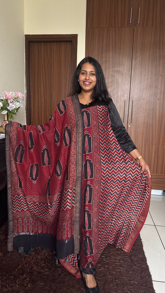 Brick Red Jharokha Zig Zag Ajrakh HandBlocked Maheshwari Silk Cotton 2 Piece Suit Set
