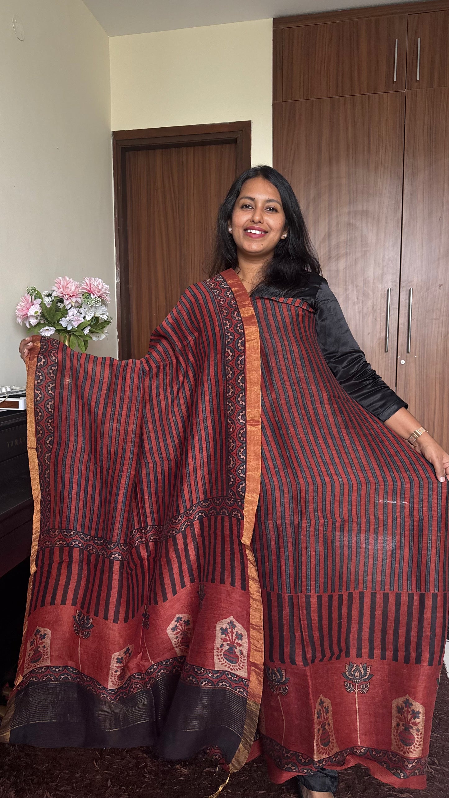 Brick Red Straight Strips Kamal Buta Pure Ajrakh Silk Linen 2 pc Suit Material