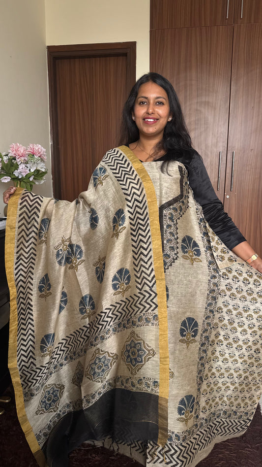 OffWhite Floral Motif Yoke HandBlocked Ajrakh Silk Linen Suit-2 pc(MADE TO ORDER)