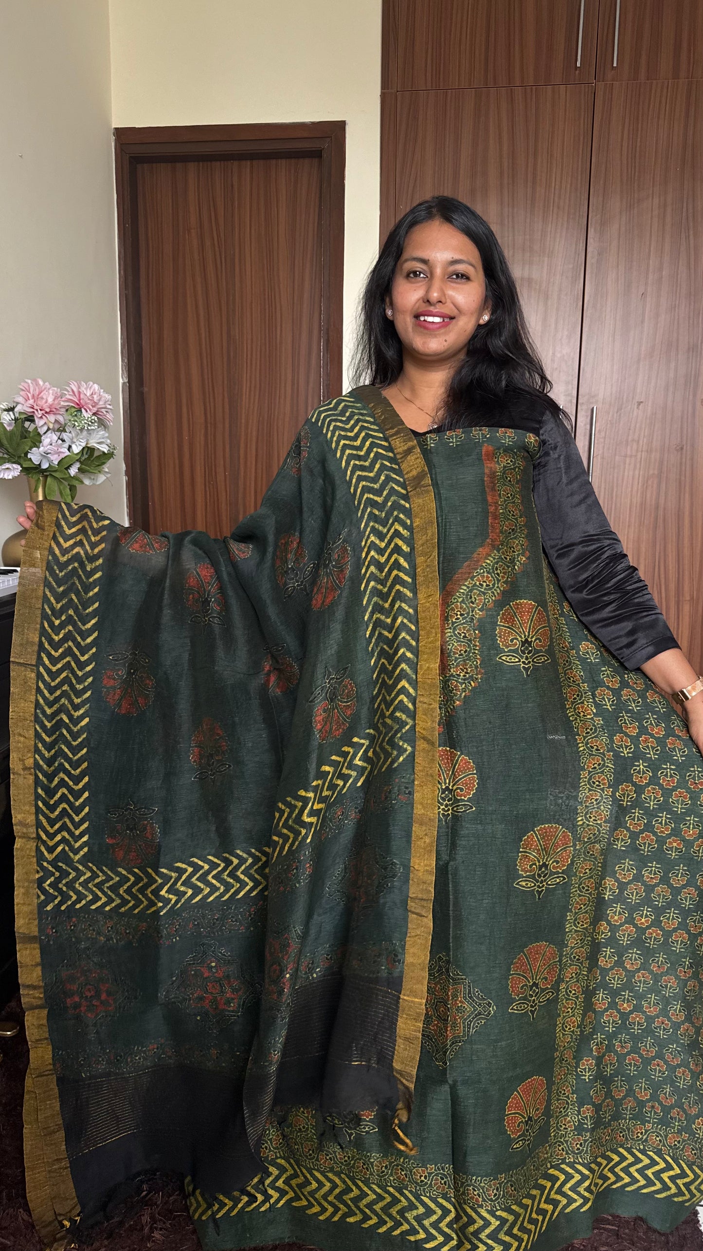 Mustard Green Floral Motif Yoke HandBlocked Ajrakh Silk Linen Suit-2 pc
