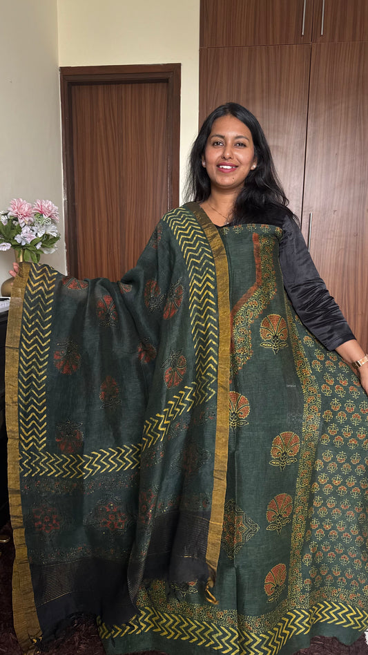 Mustard Green Floral Motif Yoke HandBlocked Ajrakh Silk Linen Suit-2 pc(MADE TO ORDER)
