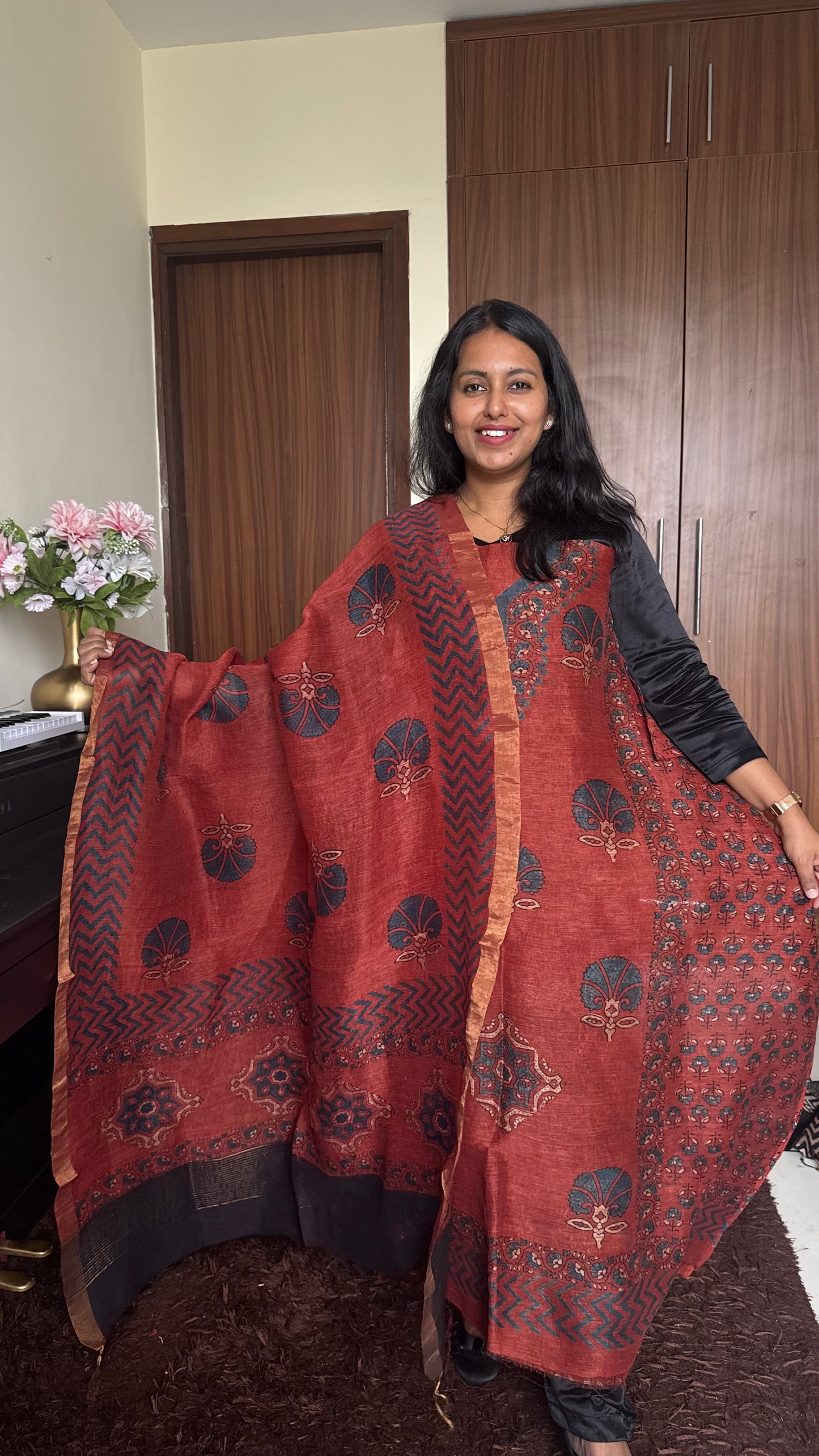 Red Brick Floral Motif Yoke HandBlocked Ajrakh Silk Linen Suit-2 pc