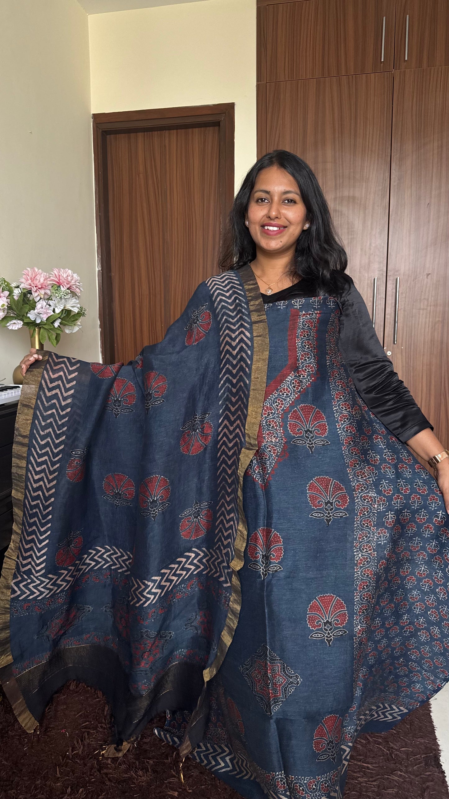Navy Blue Motif Yoke HandBlocked Ajrakh Silk Linen Suit-2 pc