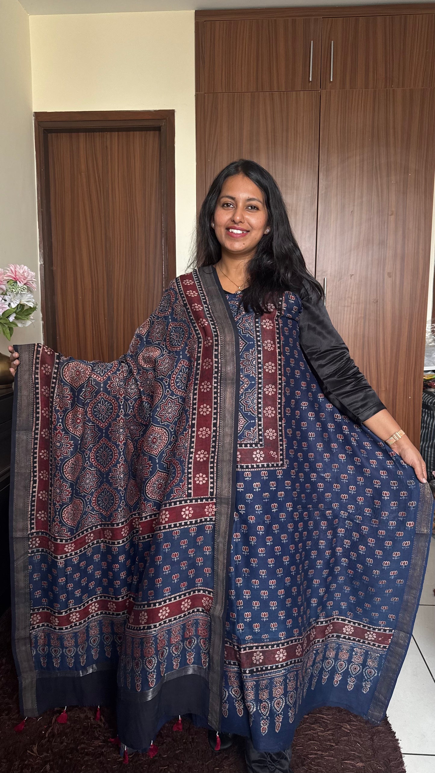 Blue Kamal Buta Yoke Ajrakh HandBlocked Maheshwari Silk Cotton Suit 2 Pc