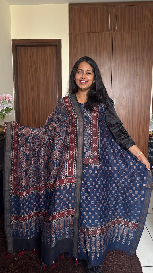 Blue Kamal Buta Yoke Ajrakh HandBlocked Maheshwari Silk Cotton Suit 2 Pc