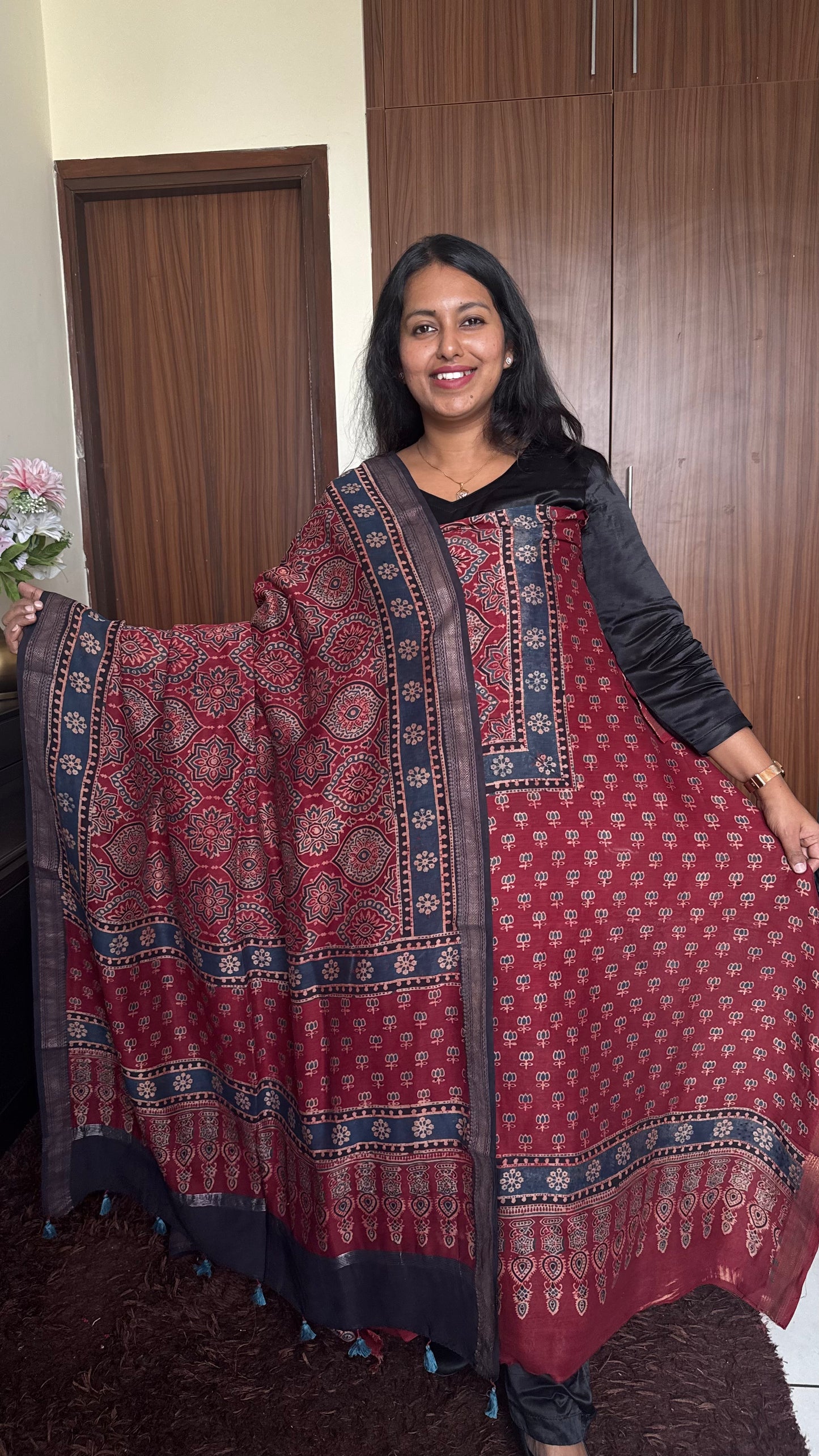 Red Kamal Buta Yoke Ajrakh HandBlocked Maheshwari Silk Cotton Suit 2 Pc