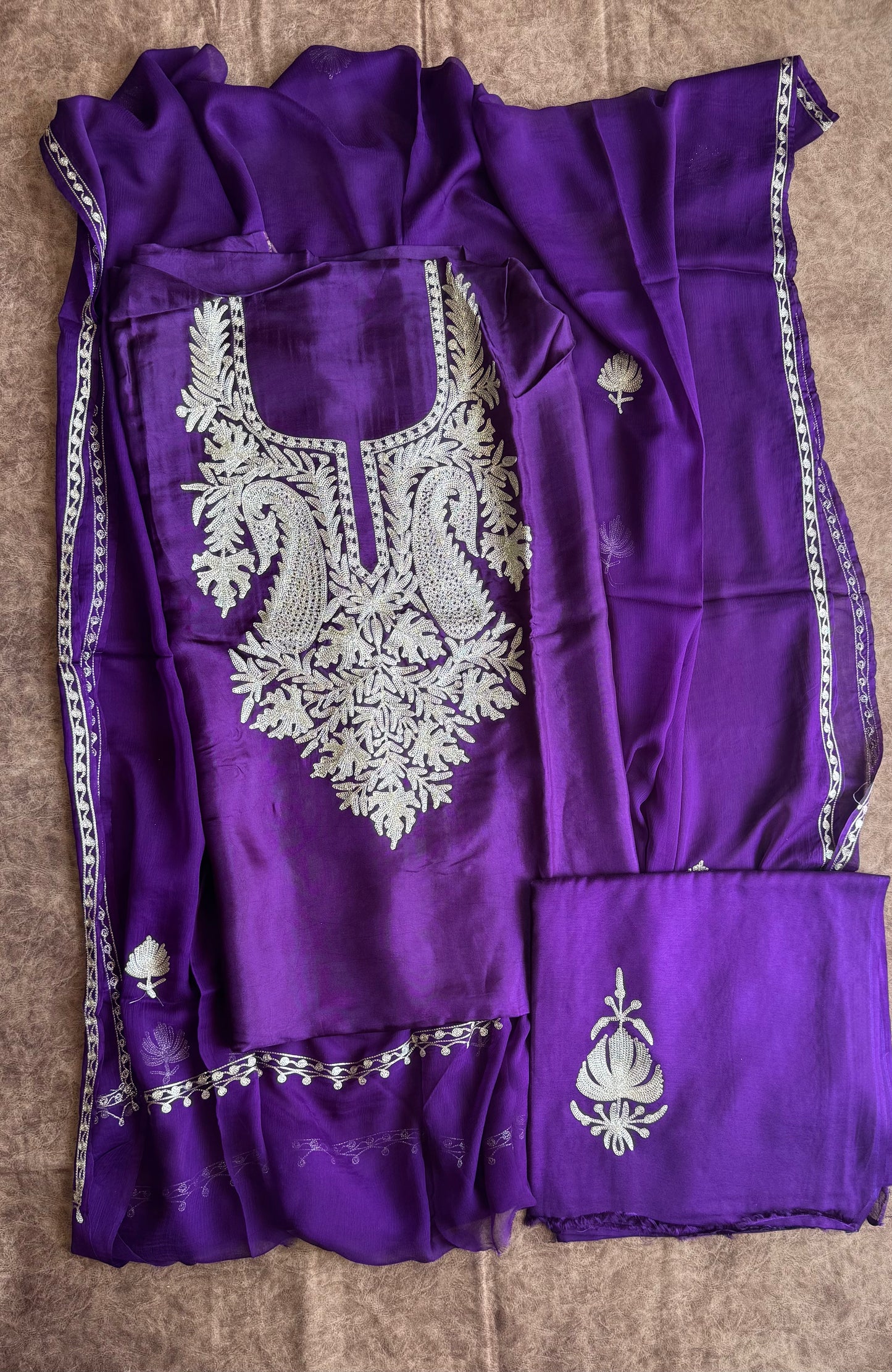 Faalsi Purple Uppada Silk 3 Piece Suit Set with Kashmiri Tilla Embroidery