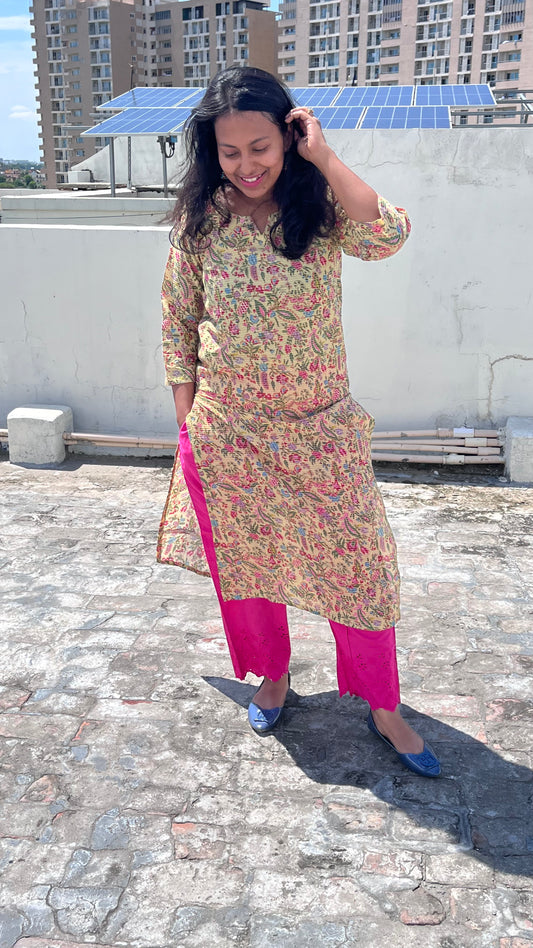 Mustard Yellow Kantha Work Pure Cotton Kurti