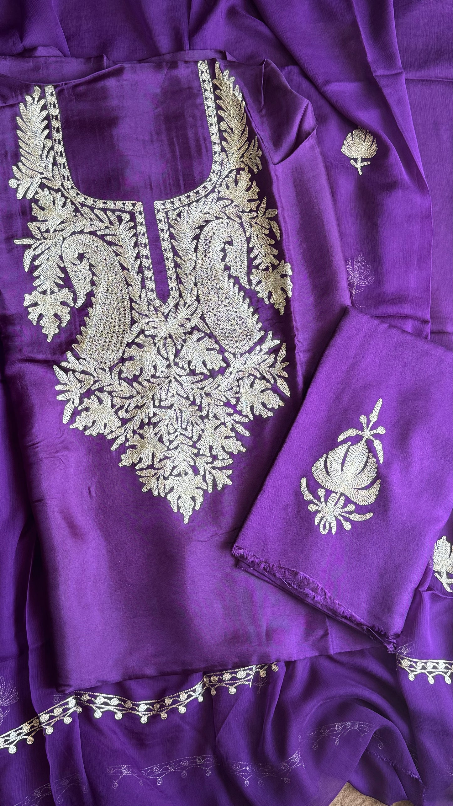 Faalsi Purple Uppada Silk 3 Piece Suit Set with Kashmiri Tilla Embroidery