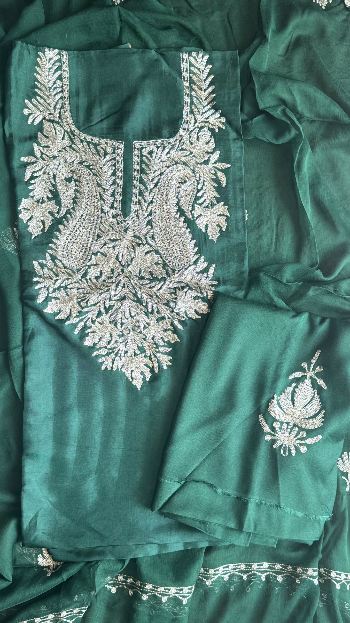 Forest Green Uppada Silk 3 Piece Suit Set with Kashmiri Tilla Embroidery