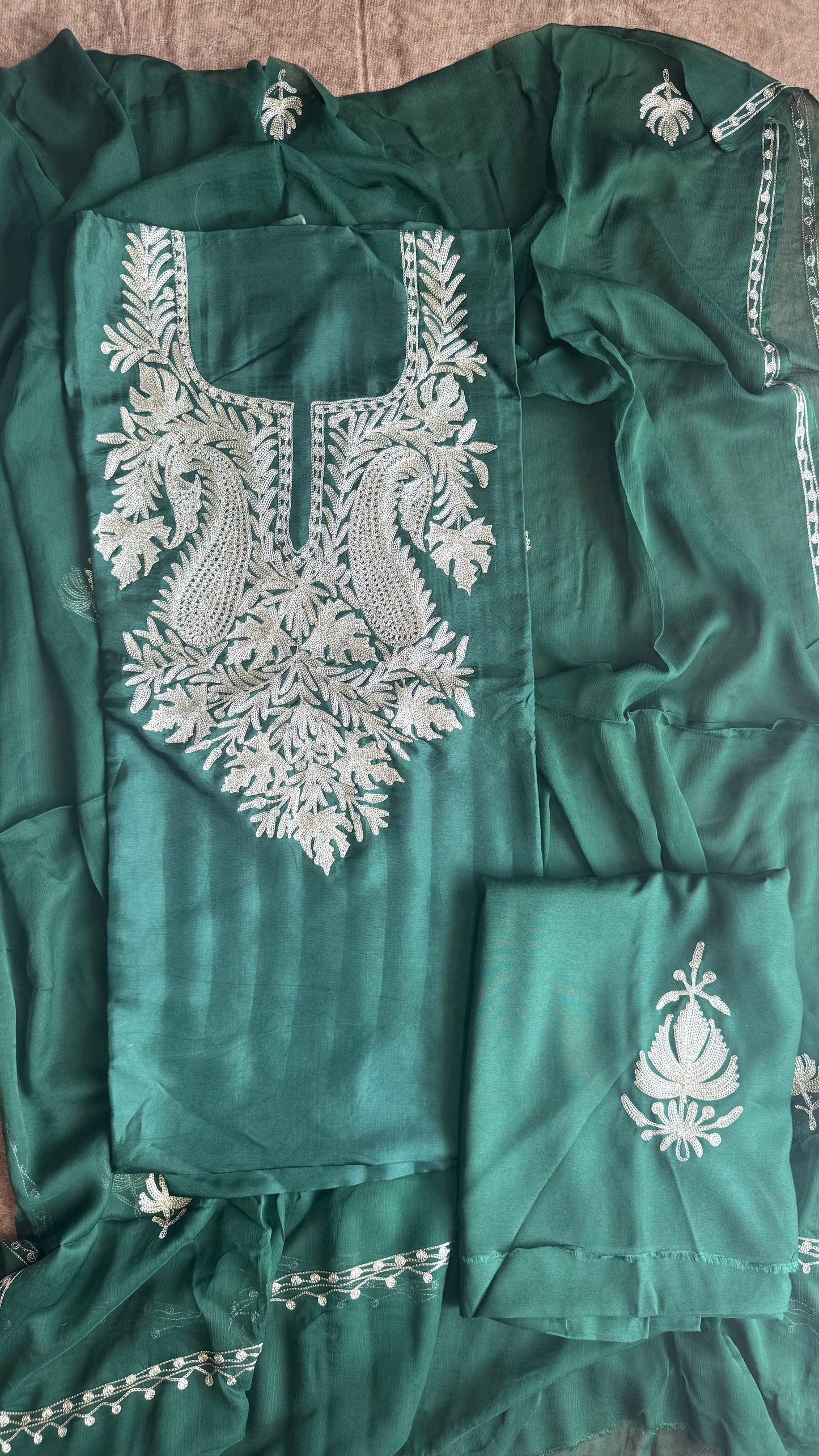 Forest Green Uppada Silk 3 Piece Suit Set with Kashmiri Tilla Embroidery