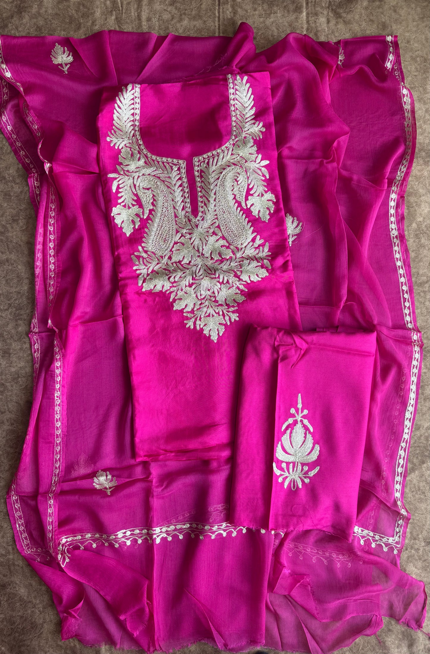 Rani Pink Uppada Silk 3 Piece Suit Set with Kashmiri Tilla Embroidery