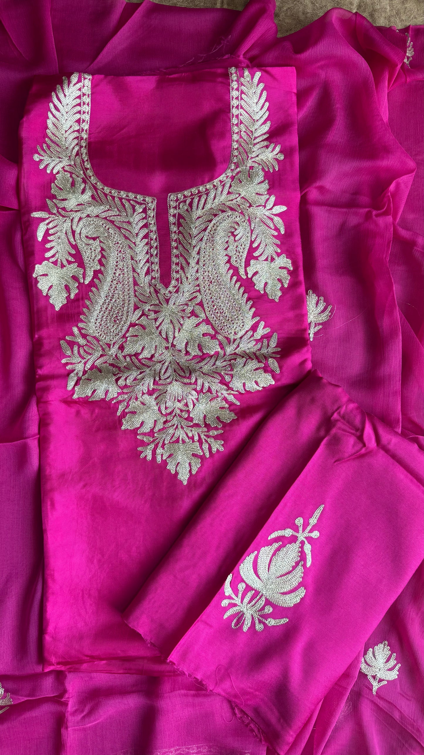 Rani Pink Uppada Silk 3 Piece Suit Set with Kashmiri Tilla Embroidery