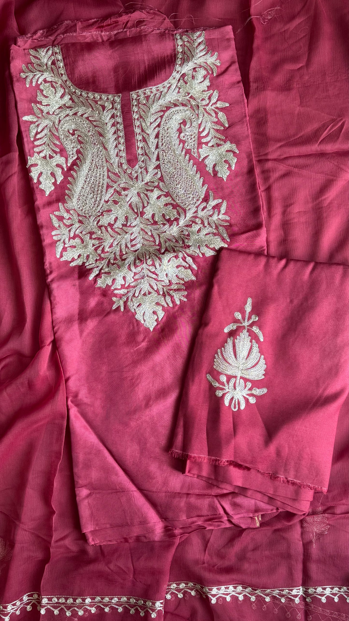 Gajari Red Uppada Silk 3 Piece Suit Set with Kashmiri Tilla Embroidery