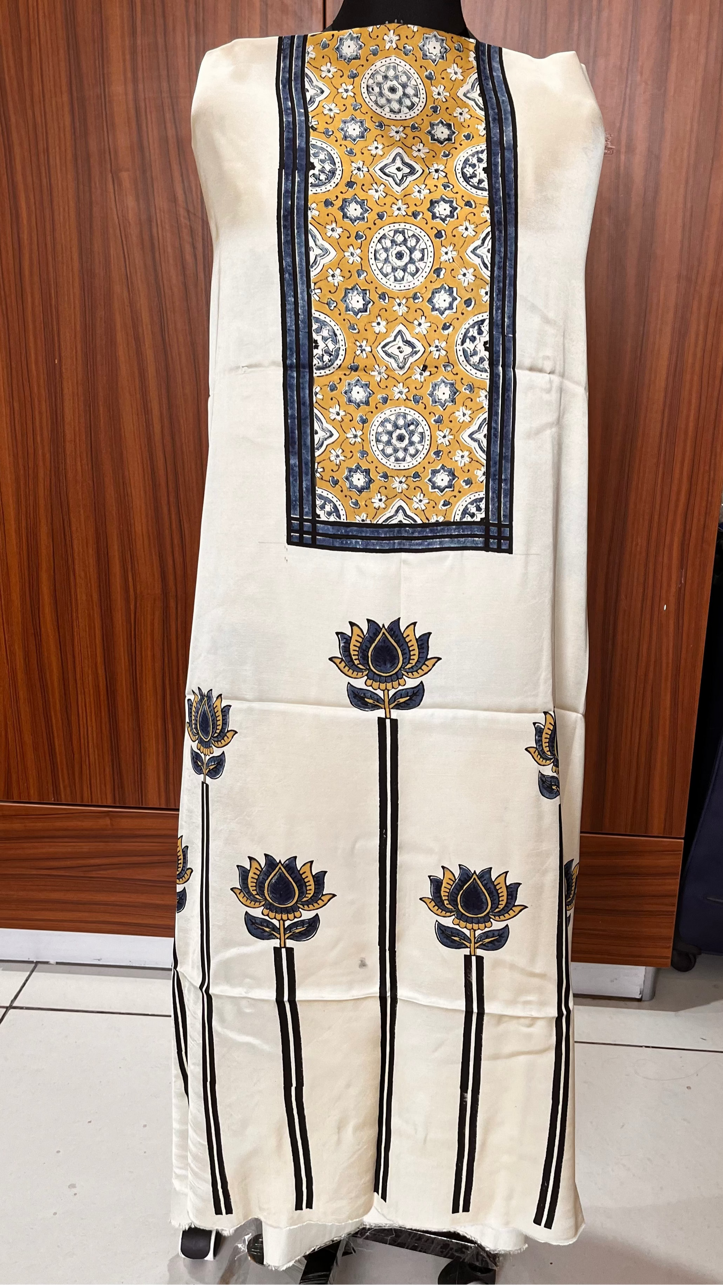 Off White Rising Kamal Modal Silk Ajrakh Hand Block Print Designer Unstitched Fabric (Kurta Only)