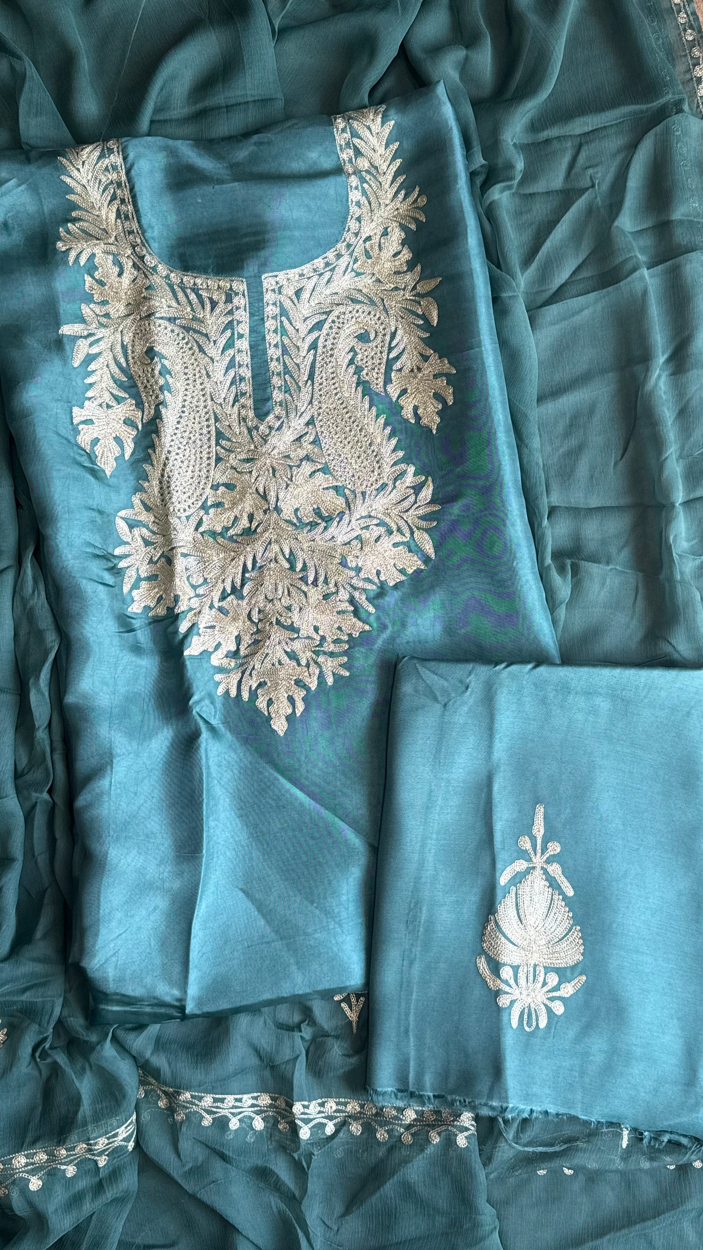 Cyan Blue Uppada Silk 3 Piece Suit Set with Kashmiri Tilla Embroidery