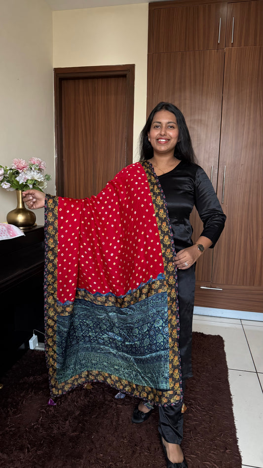 Red Bandhej Print Ajrakh Applique Patchwork Modal Silk Dupatta with Tassels