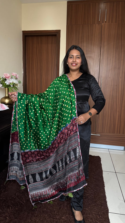 Green Bandhej Print Ajrakh Applique Patchwork Modal Silk Dupatta with Tassels
