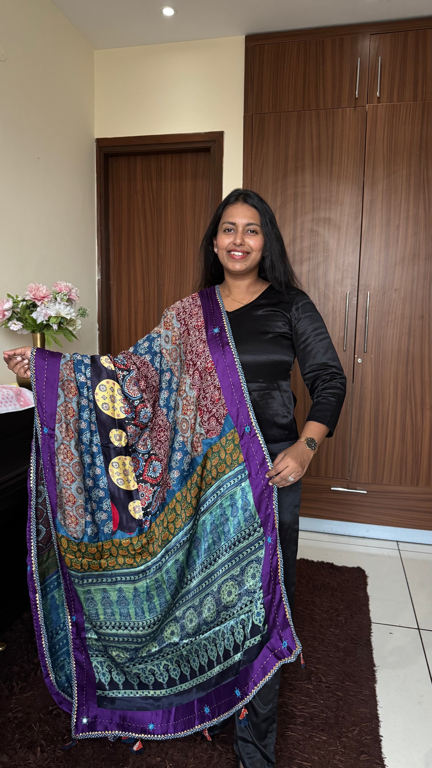 Purple Base Multicolour Pure Modal Silk Applique Cut & Mirror Work Dupatta (Copy)