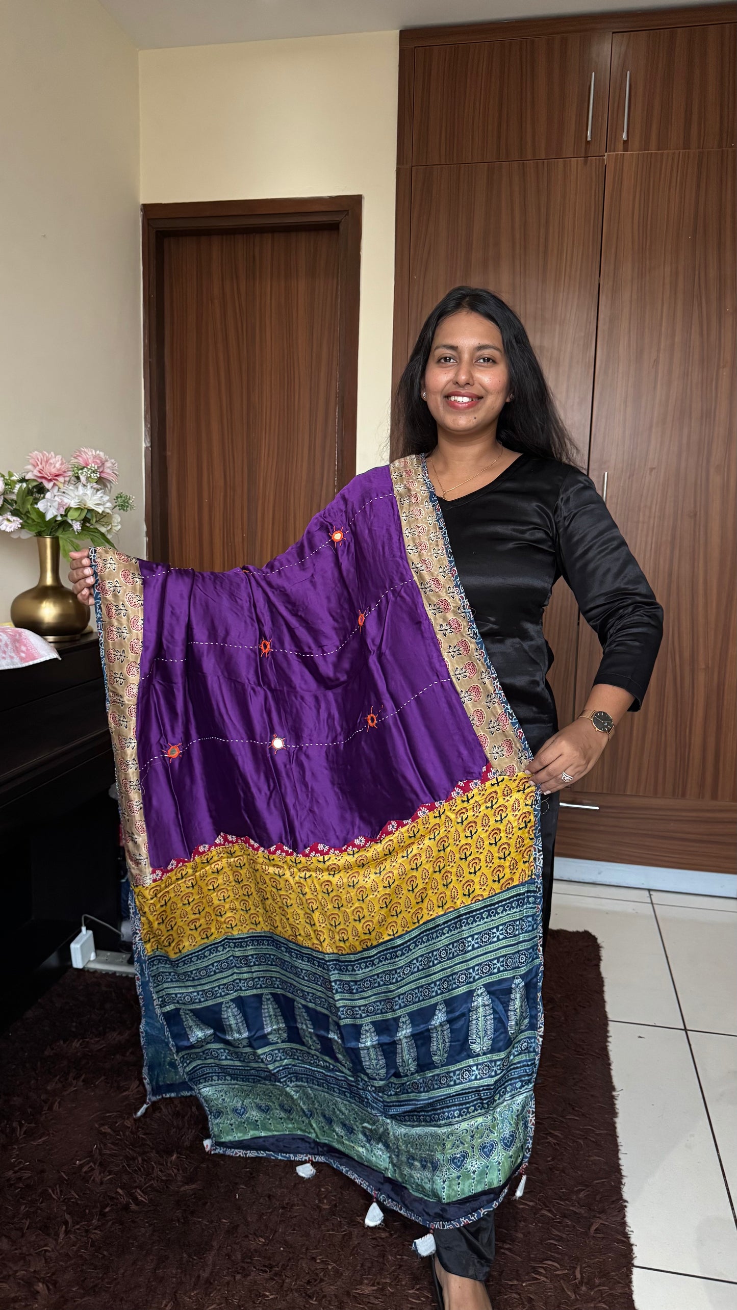 Purple Ajrakh Patchwork Modal Silk Dupatta with Mirror Work