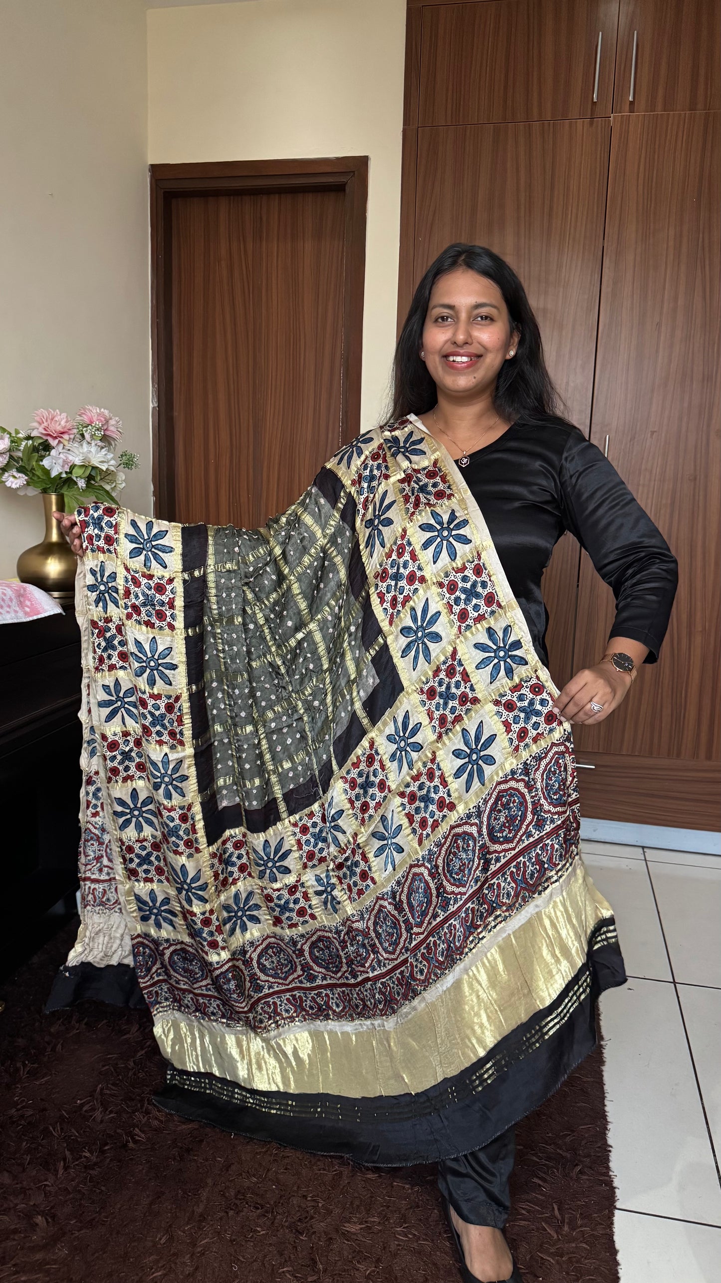 Ash Grey Gharchola Modal Silk Bandhani Ajrakh Dupatta with Lagdi Patti