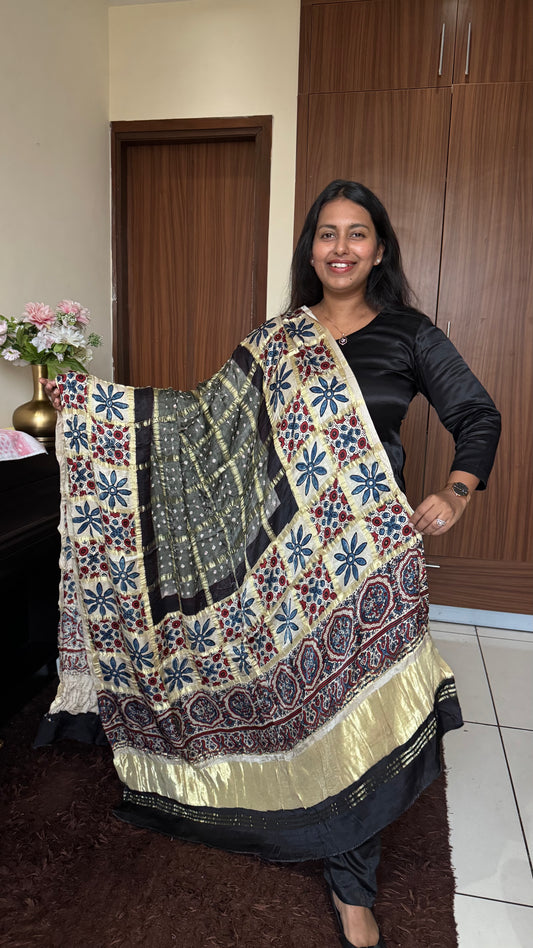 Ash Grey Gharchola Modal Silk Bandhani Ajrakh Dupatta with Lagdi Patti