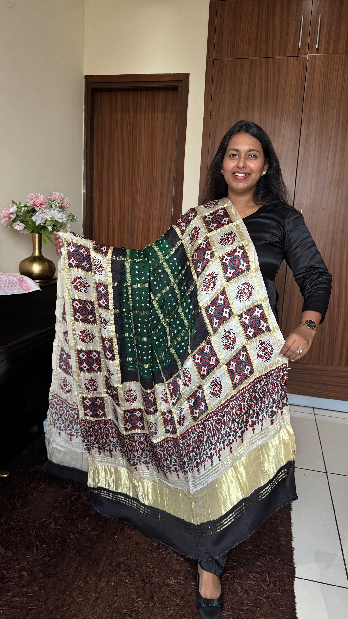 Bottle Green Gharchola Modal Silk Bandhani Ajrakh Dupatta with Lagdi Patti
